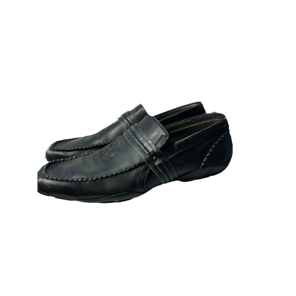 Vtg Back Stage by Skechers 69506 Men 11‎ Black Leather Loafers Crest Y2K Grunge